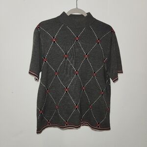 Sag Harbor Women’s Large Short Sleeve Argyle Mock Neck Sweater Gray Red Preppy